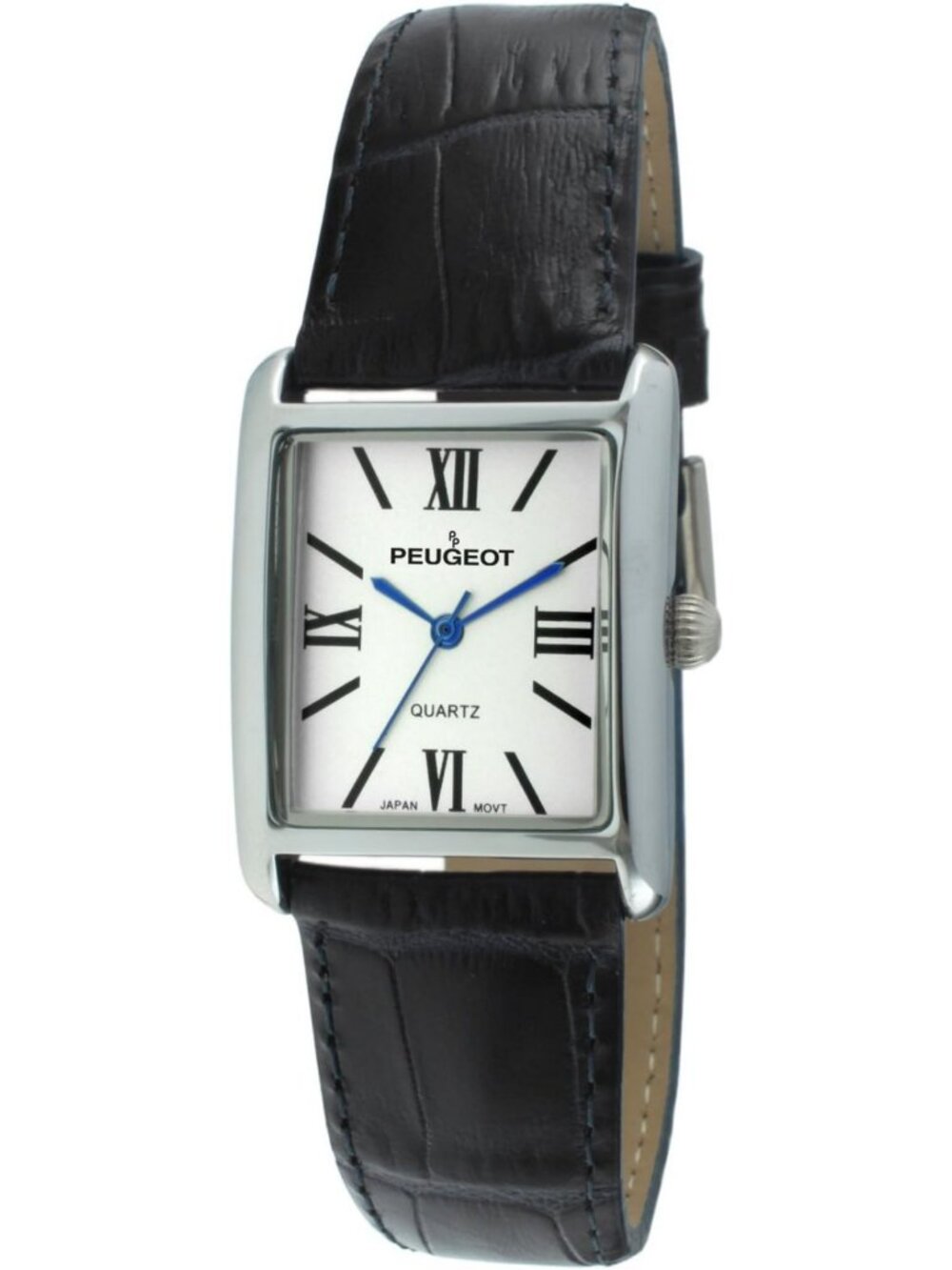 Stylish Women's Leather Tank Dress Watch with Roman Numerals & Blue Hands